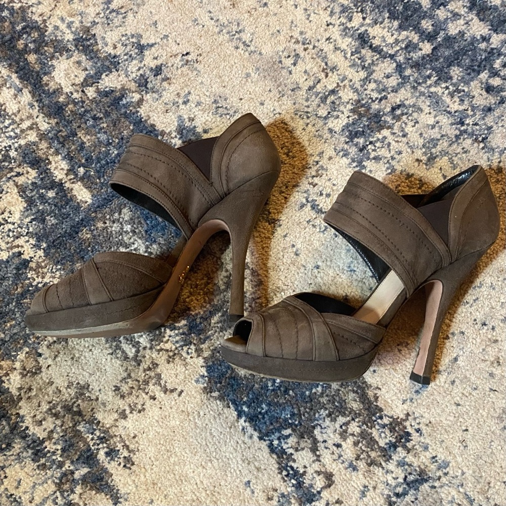 Prada Suede Leather Brown High Heel Peep-Toe Shoes - Picture 4 of 13